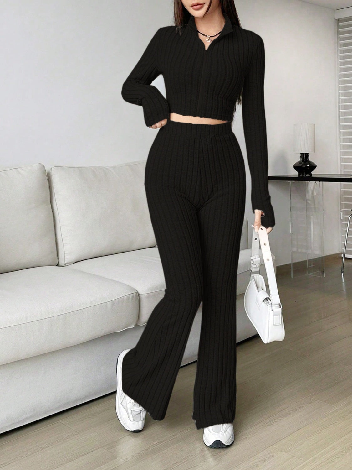 Zip Up Long Sleeve Top and Pants Set