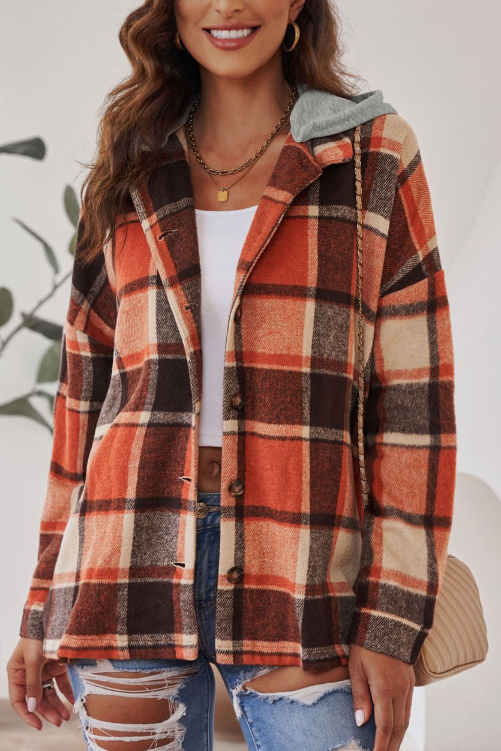 Plaid Button Up Hooded Shacket