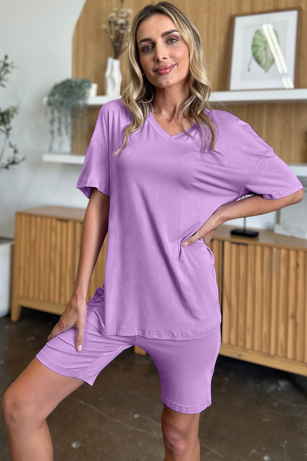 Basic Bae Bamboo Full Size  V-Neck Drop Shoulder T-Shirt and Shorts Set