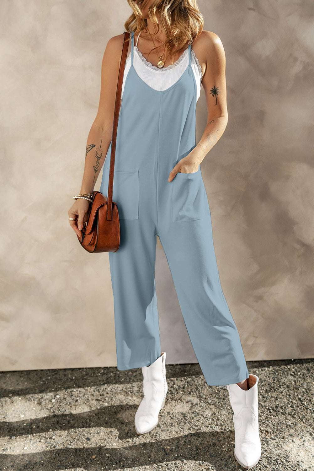 Pocketed Spaghetti Strap Wide Leg Jumpsuit