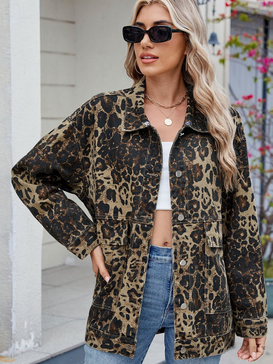 Leopard Button Up Drop Shoulder Denim Jacket