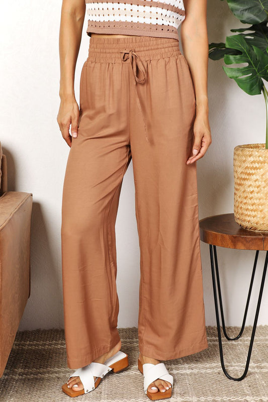 Double Take Drawstring Smocked Waist Wide Leg Pants