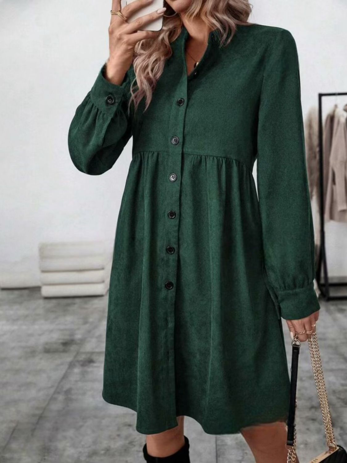 Ruched Button Up Long Sleeve Dress