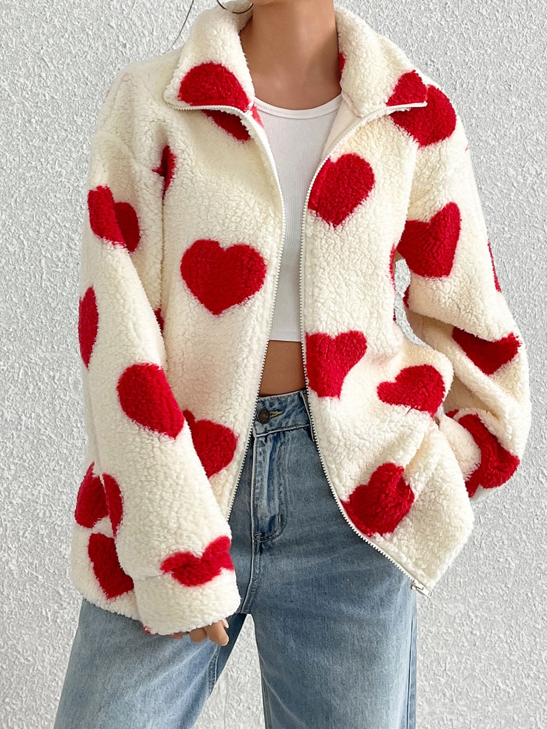 Heart Zip Up Drop Shoulder Furry Jacket