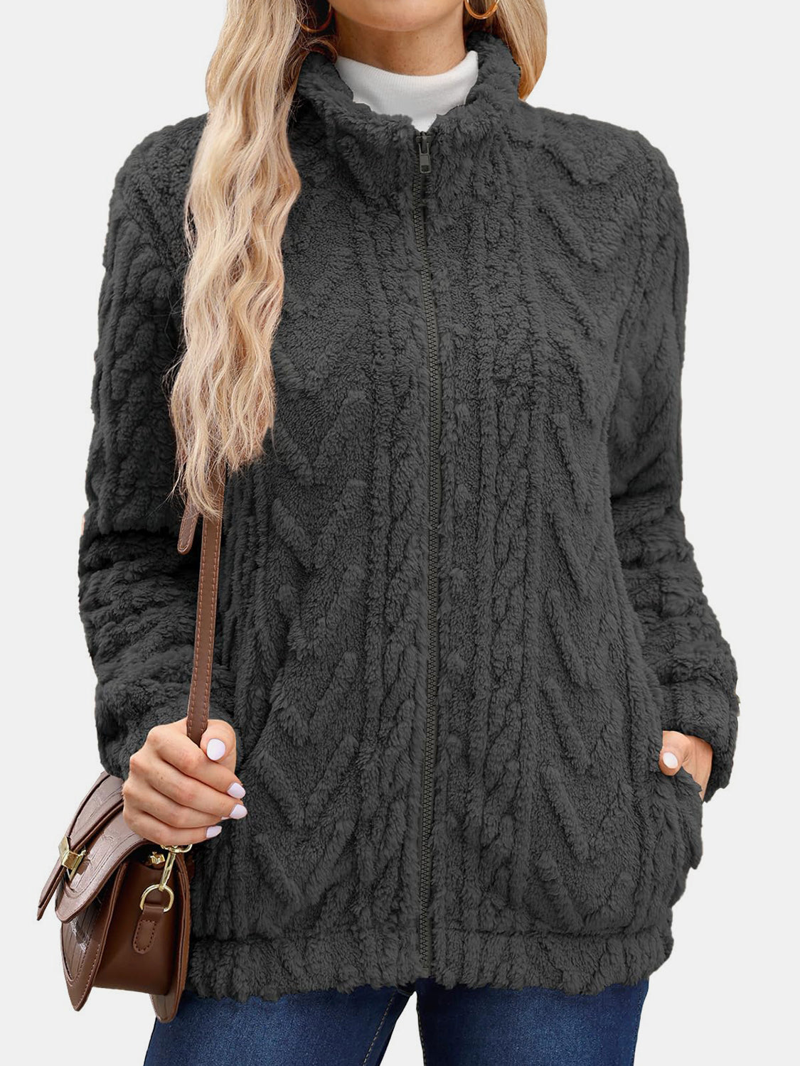 Fuzzy Zip Up Long Sleeve Jacket