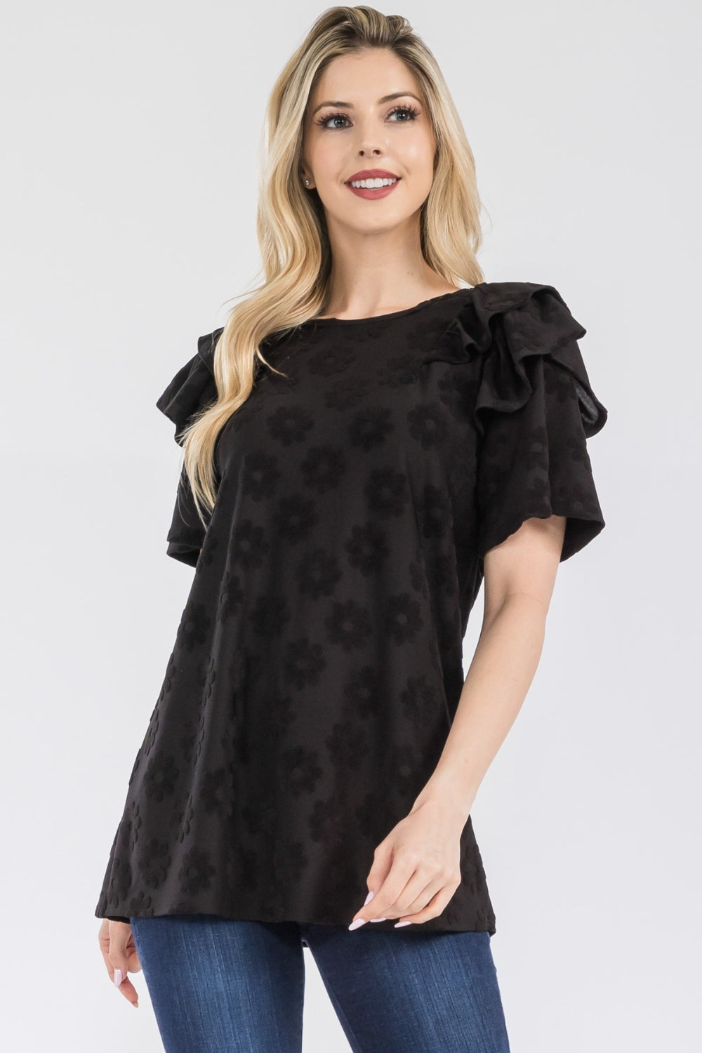 Celeste Full Size Ruffle Layered Short Sleeve Daisy Floral Top