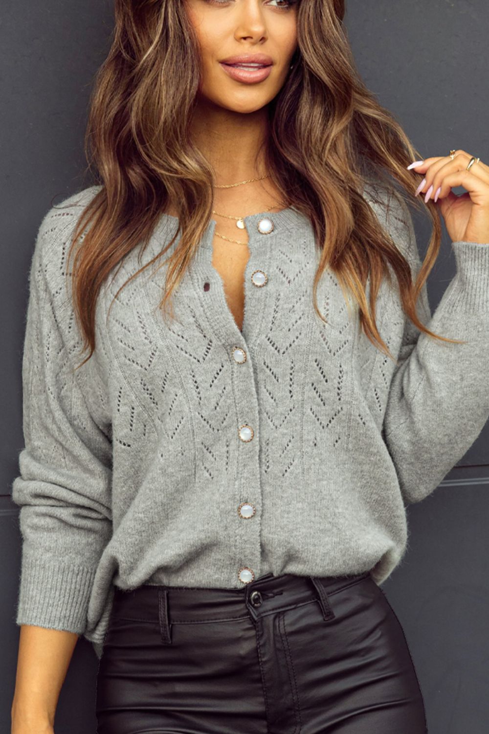 Openwork Button Down Long Sleeve Cardigan