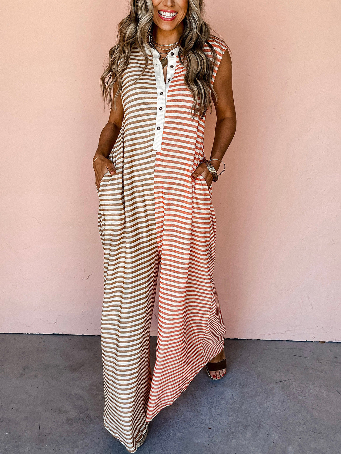 Striped Half Button Cap Sleeve Jumpsuit