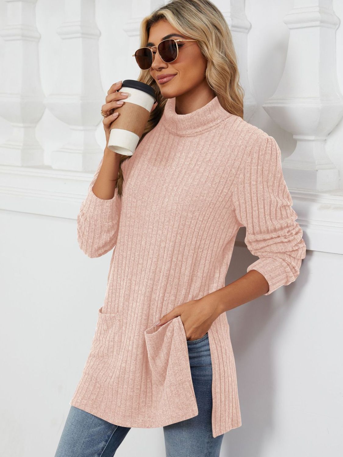 Slit Mock Neck Long Sleeve T-Shirt