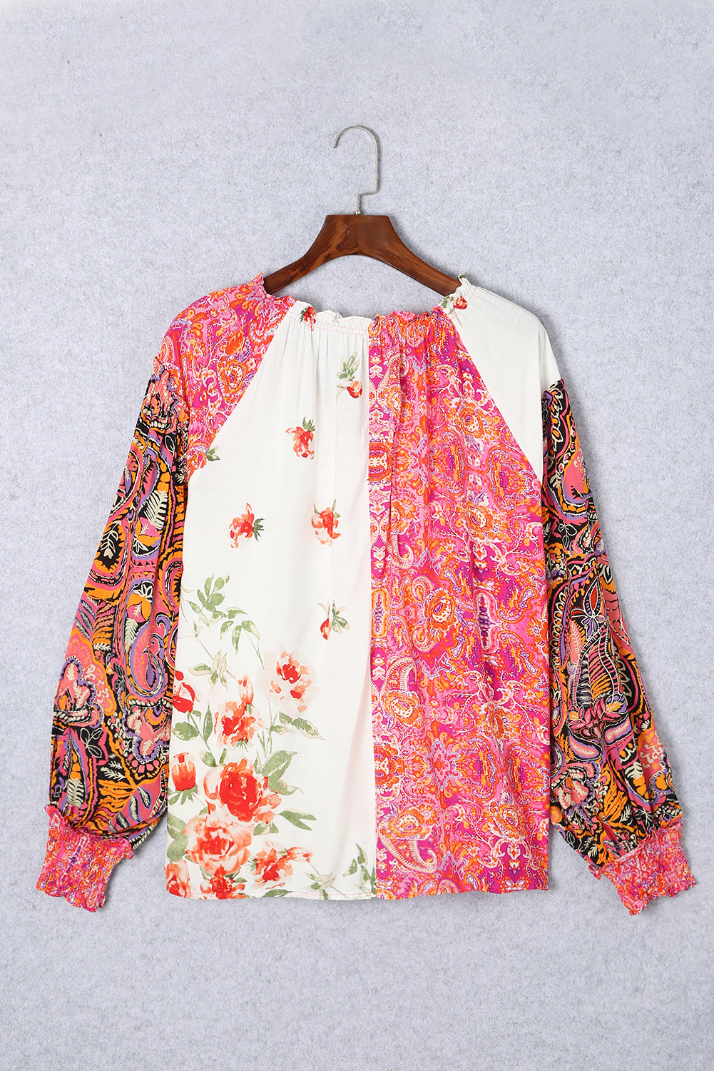 Frill Floral Shirred Cuff Long Sleeve Blouse