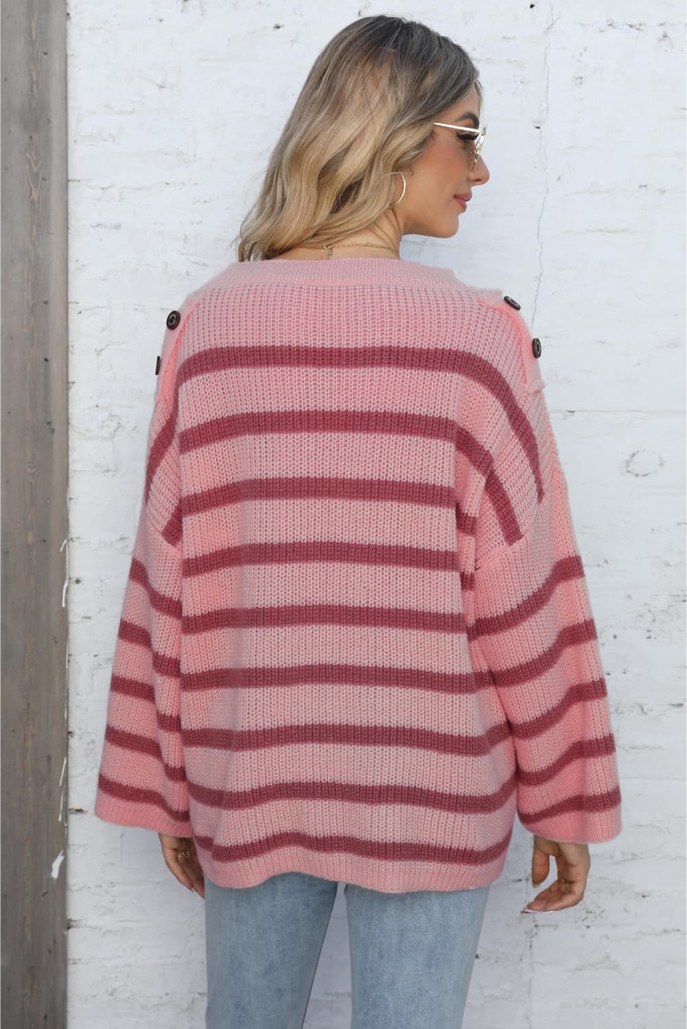 Round Neck Dropped Shoulder Striped Sweater