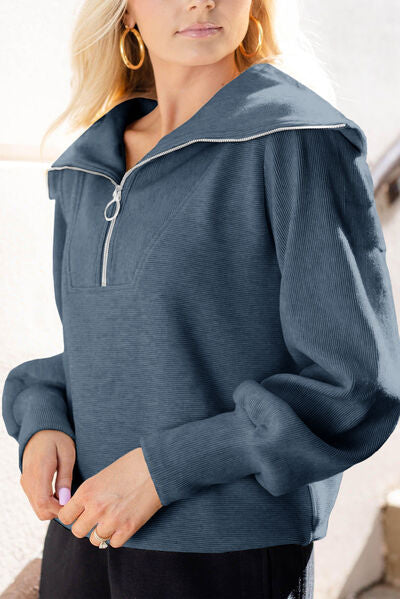 Pocketed Quarter Zip Collared Neck Sweatshirt