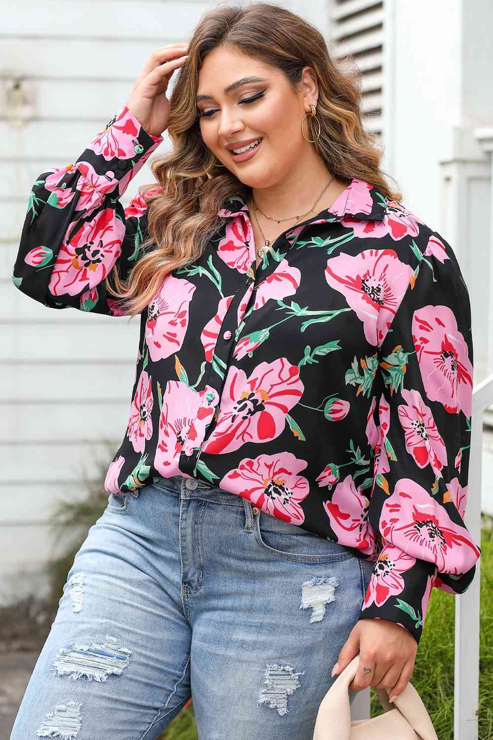 Plus Size Printed Collared Neck Long Sleeve Shirt