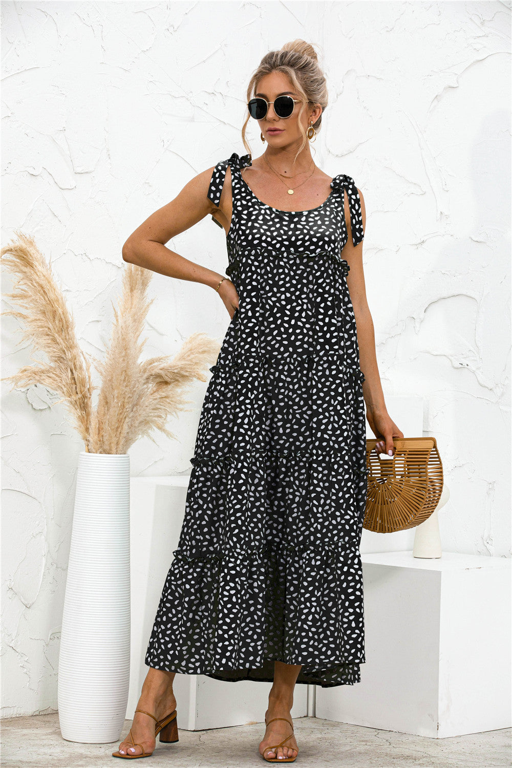 Polka Dot Adjustable Straps Tiered Dress