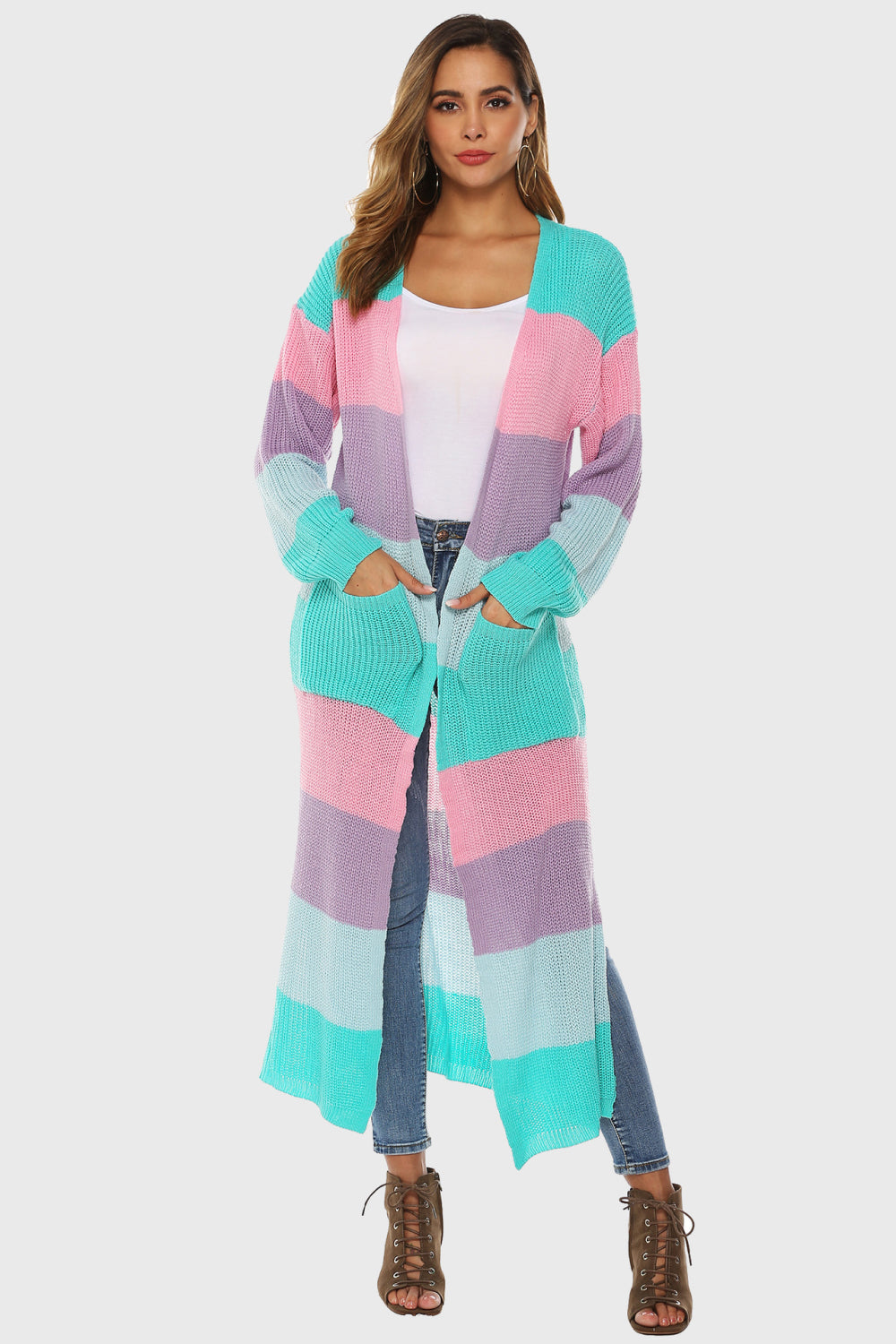 Color Block Long Sleeve Pocketed Cardigan