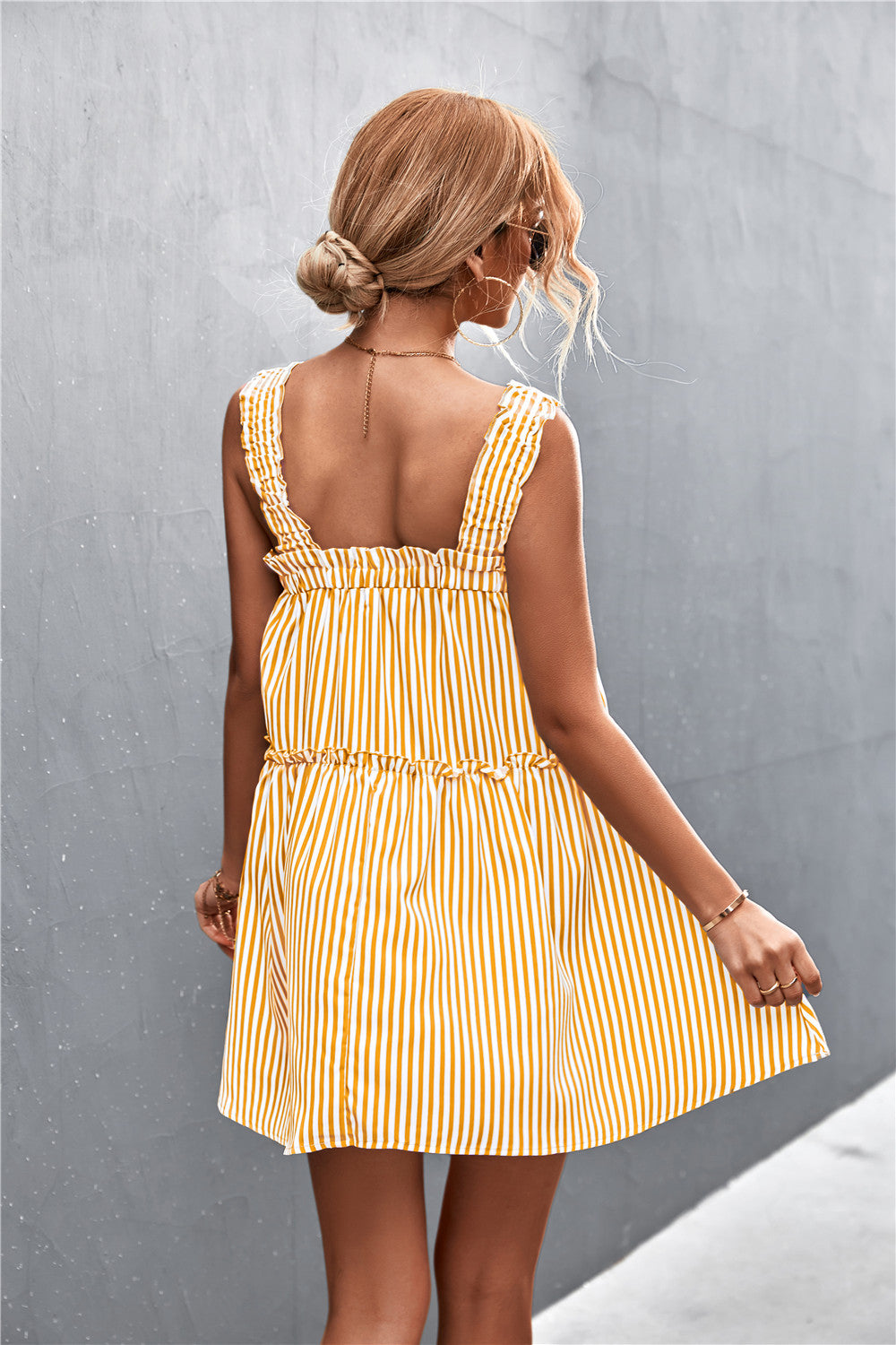 Striped Frill Trim Square Neck Dress