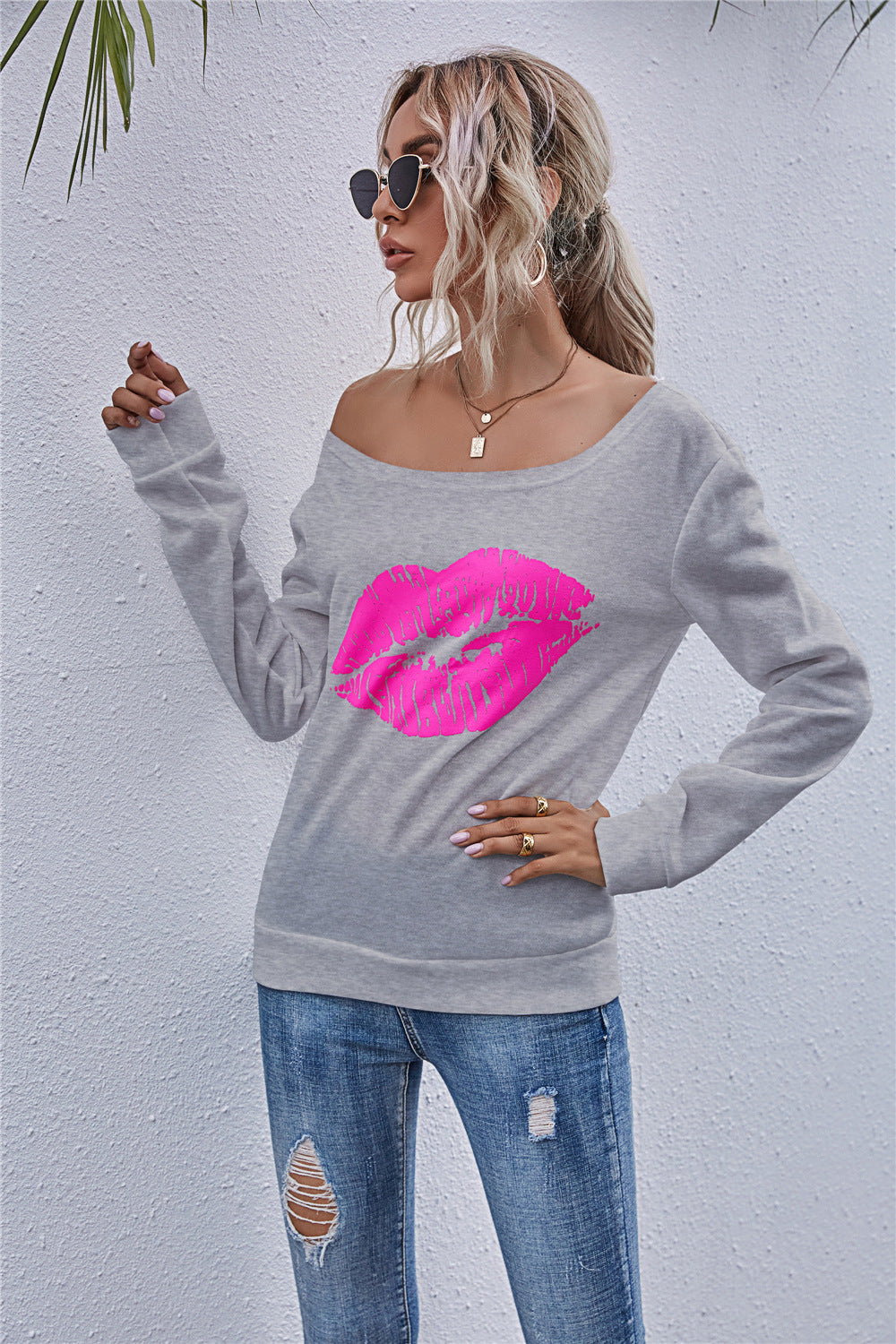 Lip Graphic Off-Shoulder Sweatshirt