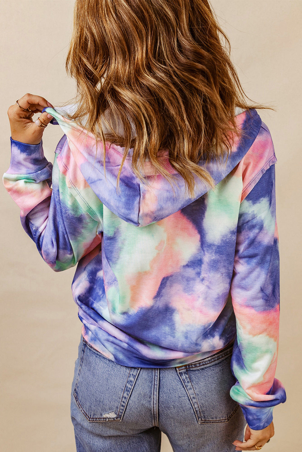 Tie-Dye Drawstring Detail Zip Up Hooded Jacket