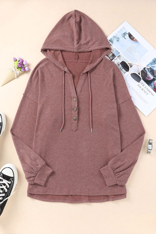 Buttoned Drop Shoulder High-Low Hoodie