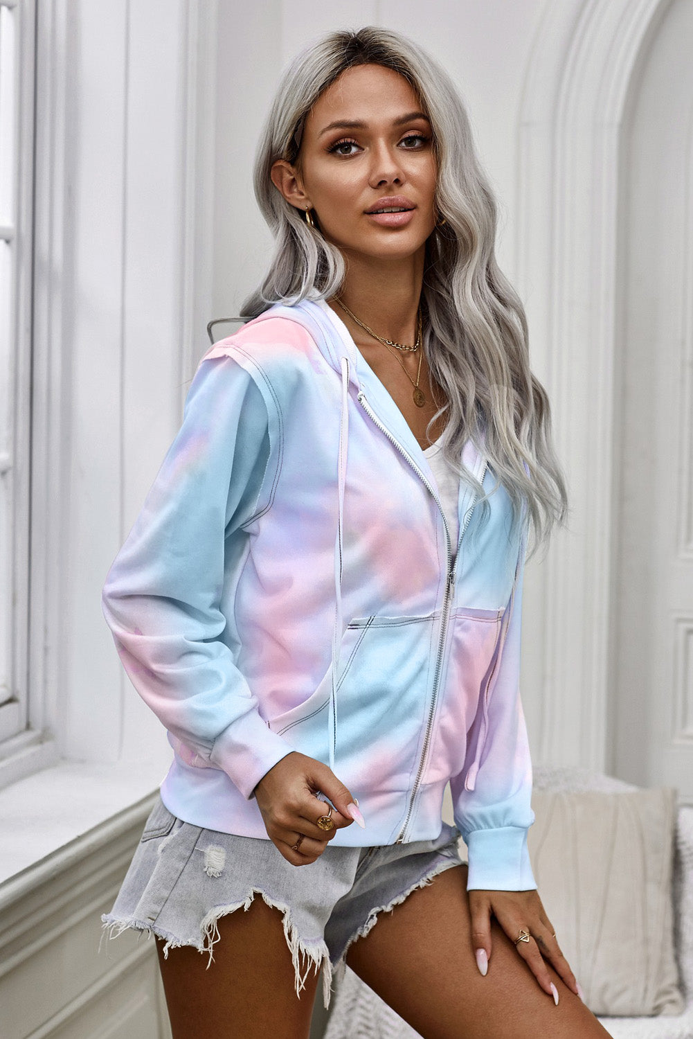 Tie-Dye Drawstring Detail Zip Up Hooded Jacket