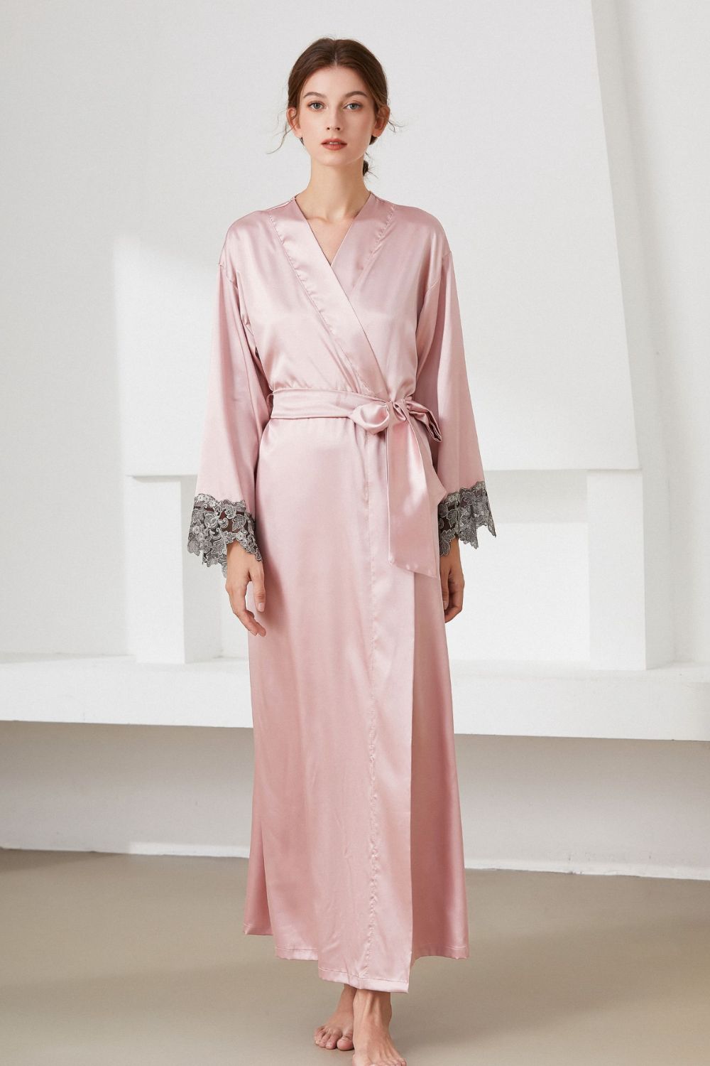 Contrast  Lace Trim Belted Robe