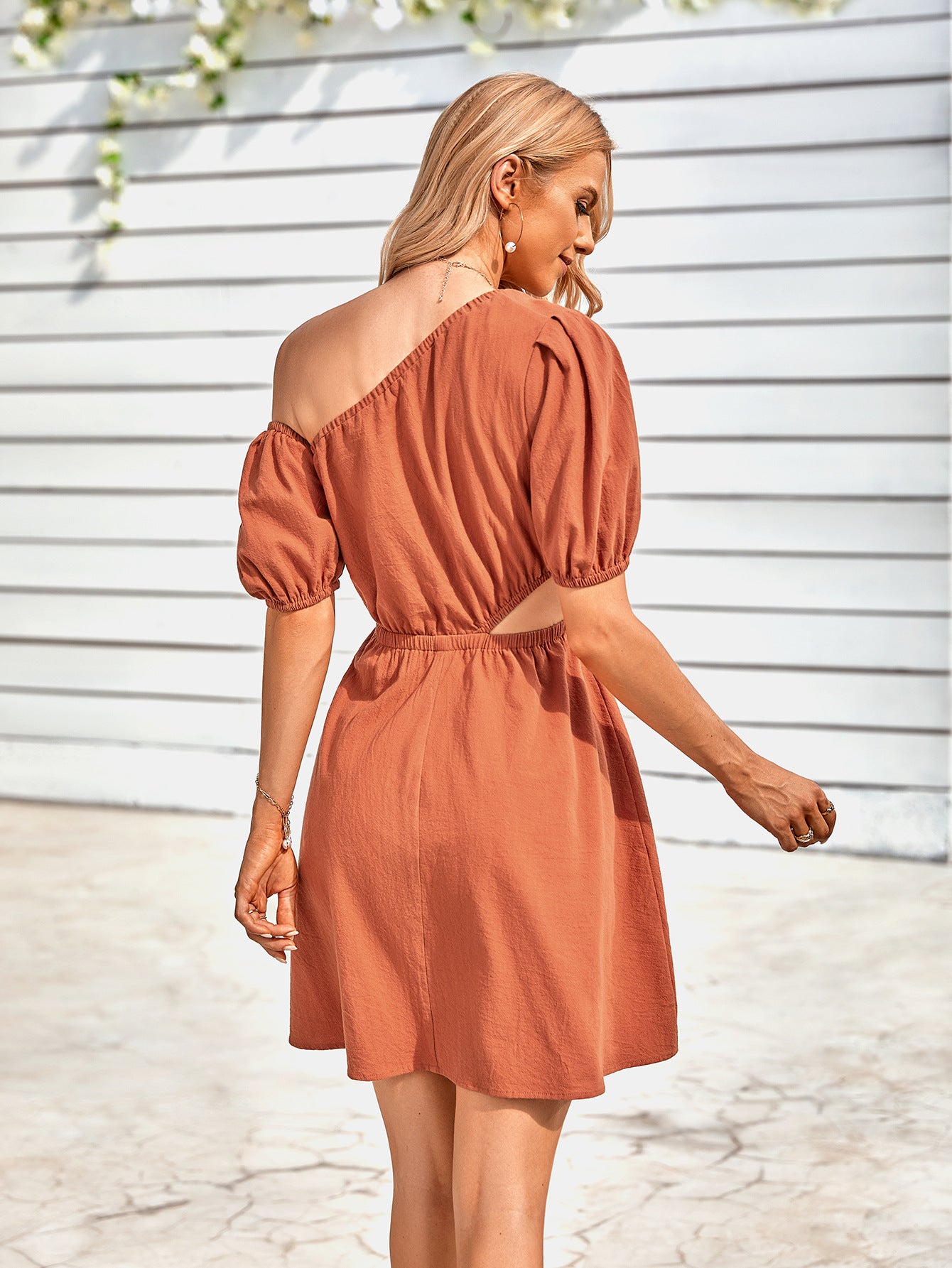 Cutout Asymmetrical Neck Puff Sleeve Dress