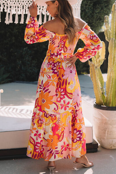 Printed Off-Shoulder Balloon Sleeve Maxi Dress