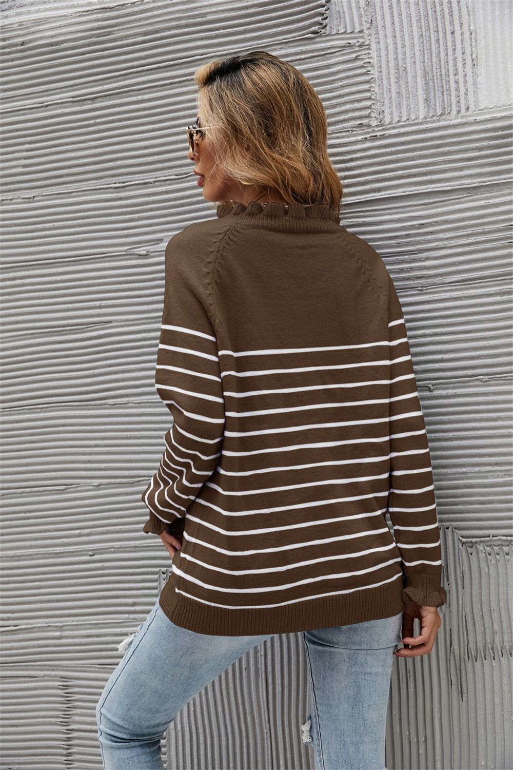 Striped Half-Button Frill Trim Sweater