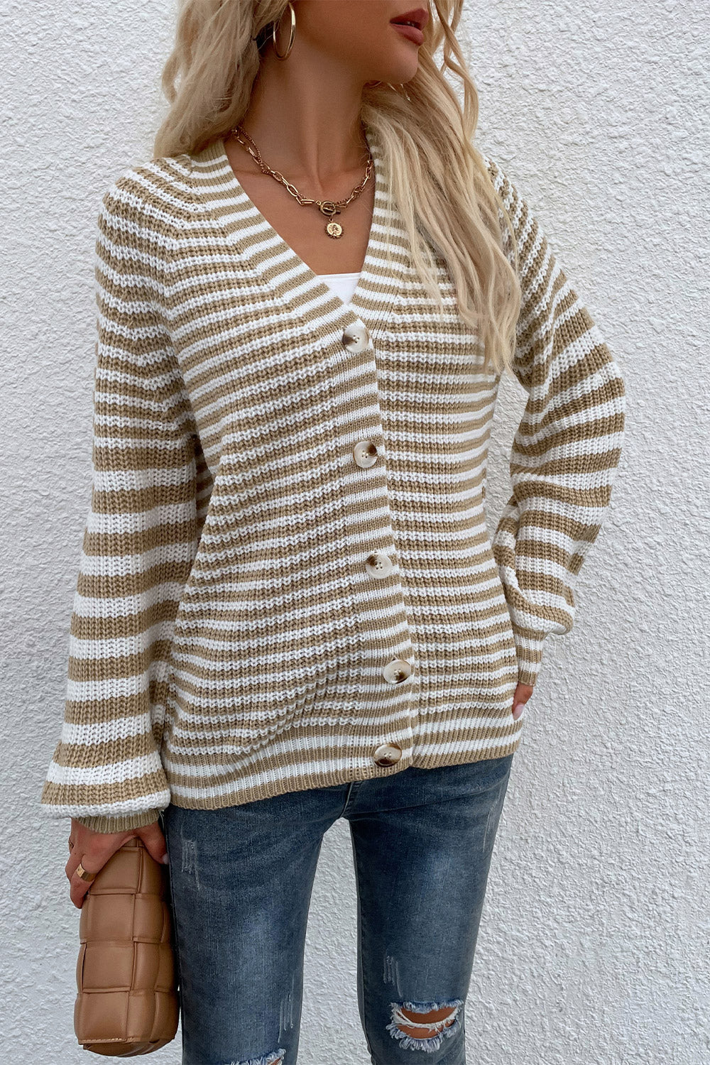 Striped V-Neck Button-Down Cardigan