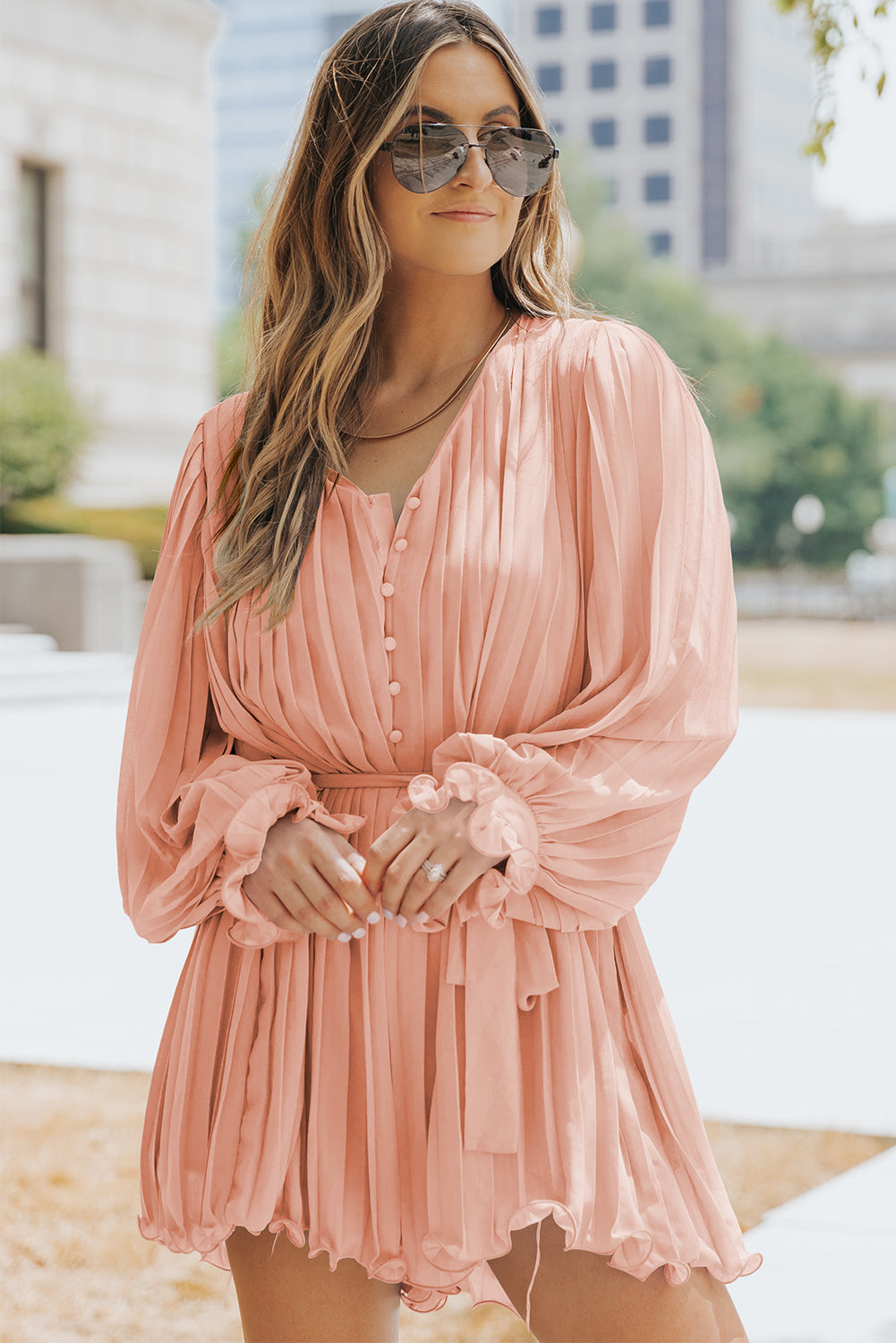 Pleated Button Front Flounce Sleeve Romper