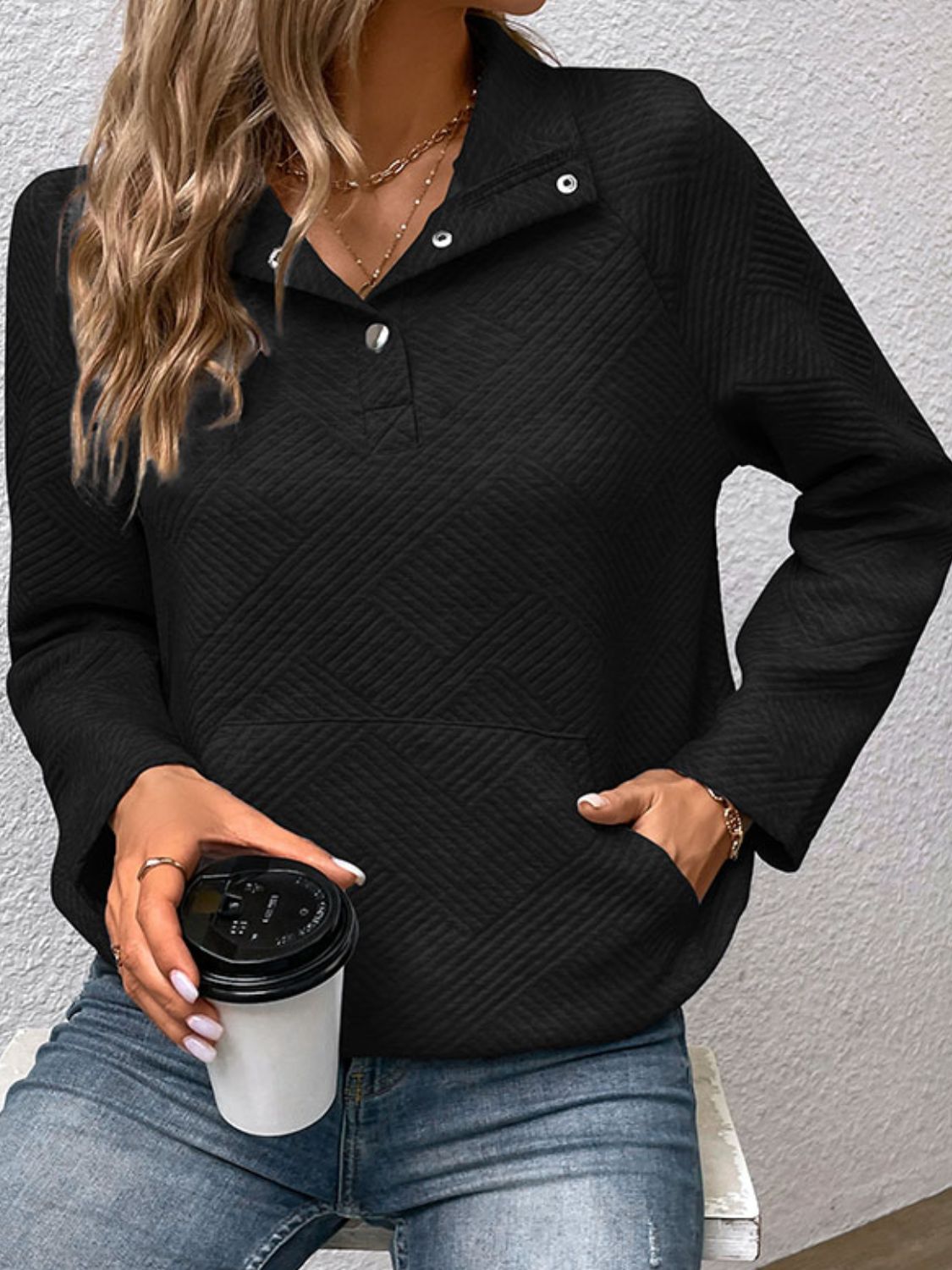 Raglan Sleeve Collared Neck Sweatshirt with Pocket