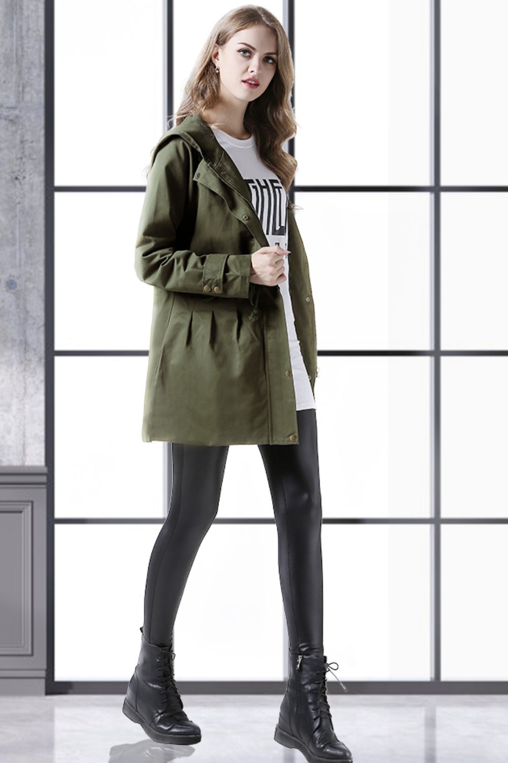 Plus Size Drawstring Waist Hooded Trench Coat