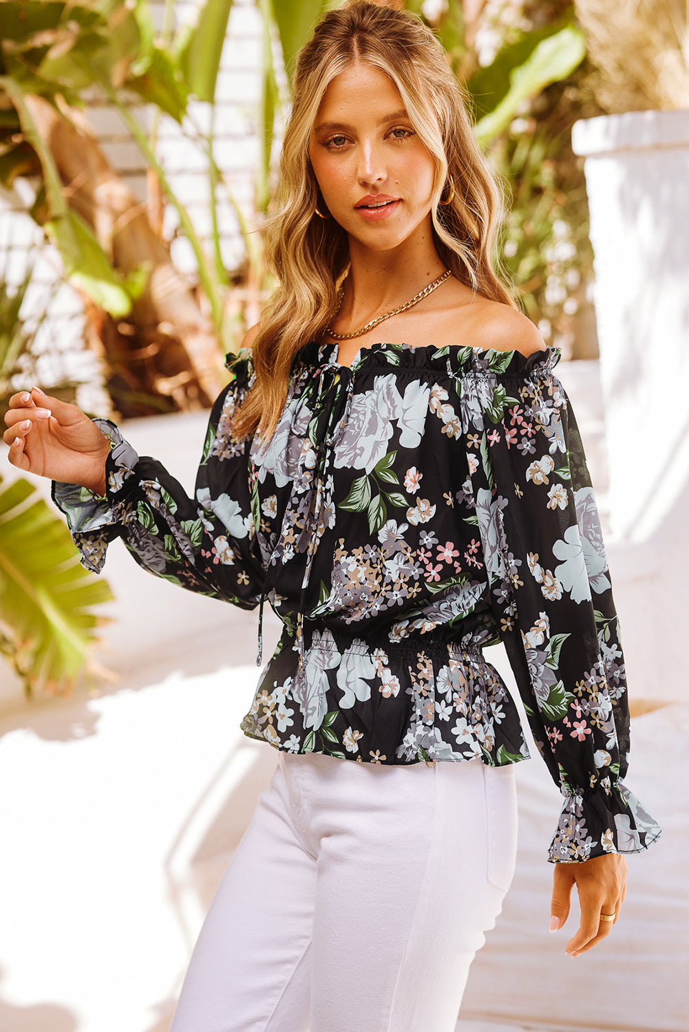 Floral Tied Off-Shoulder Flounce Sleeve Peplum Blouse