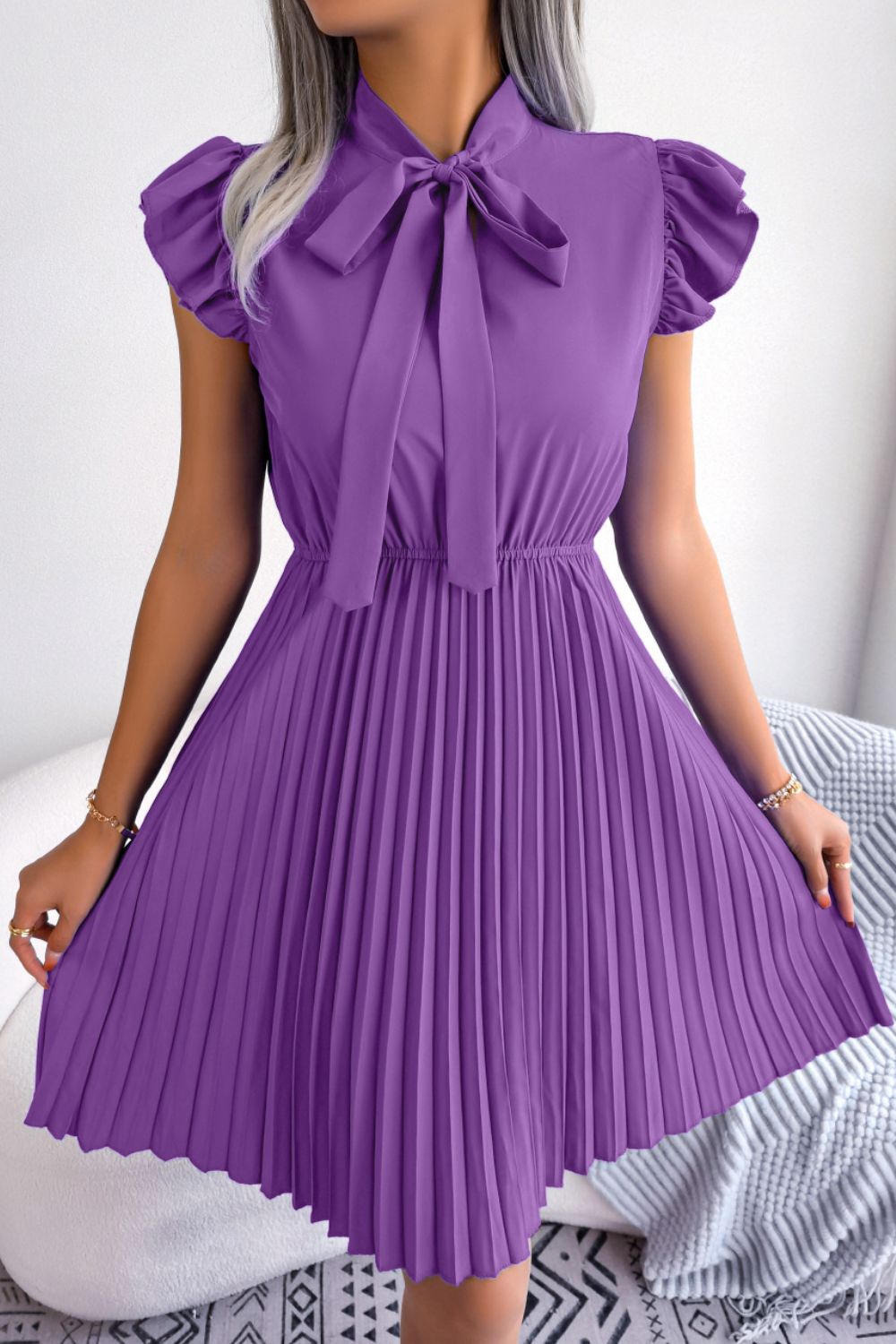 Tie Neck Butterfly Sleeve Pleated Dress