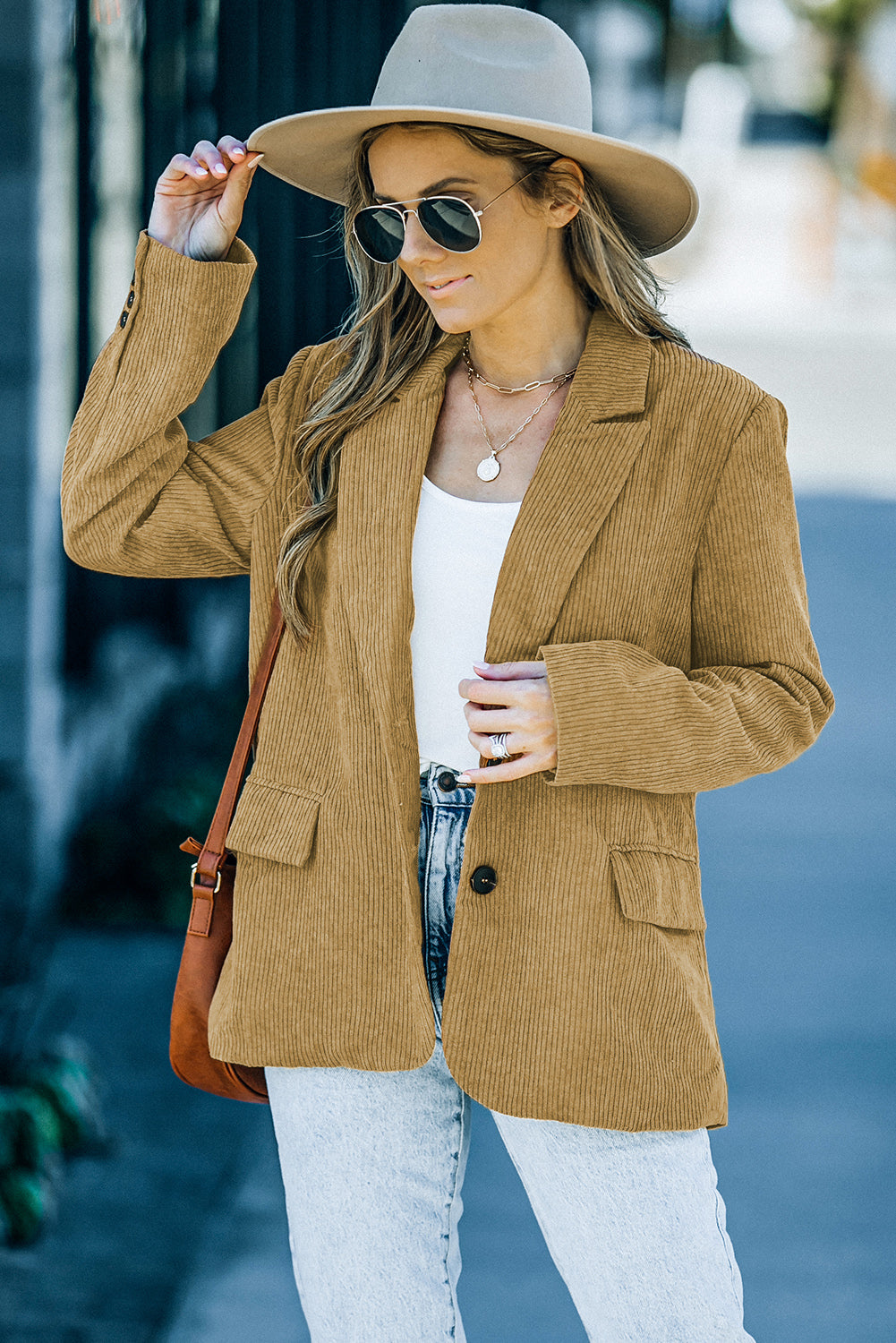 Back Slit Lapel Collar Corduroy Jacket