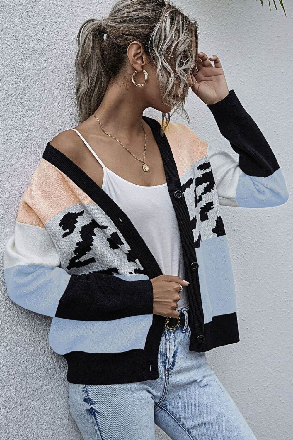 Color Block Drop Shoulder Button Down Cardigan