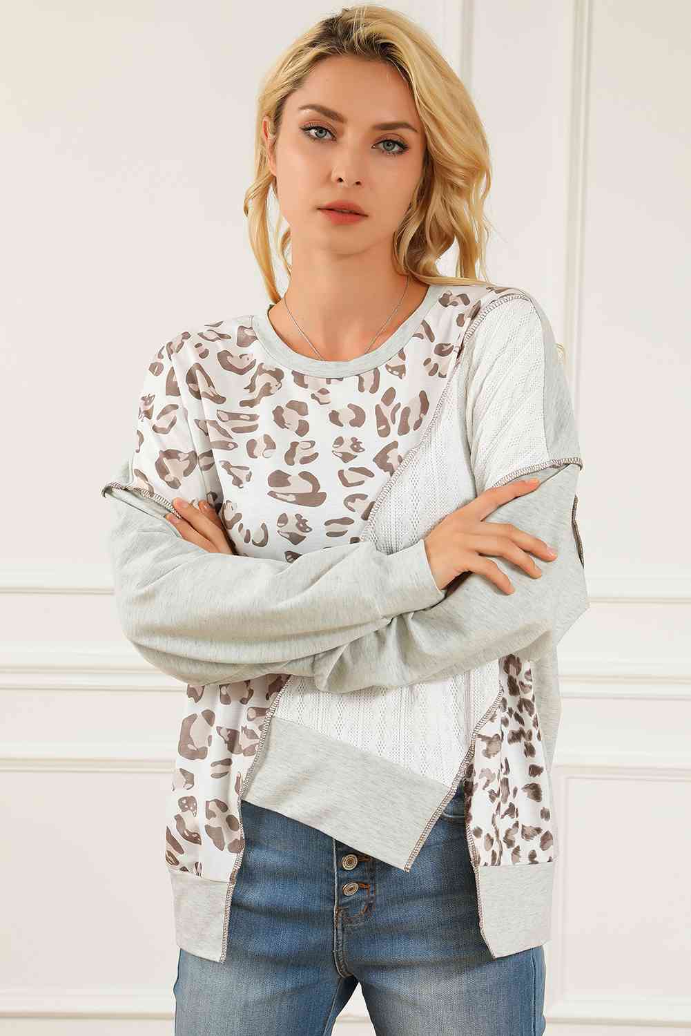 Leopard Exposed Seams Round Neck Sweatshirt