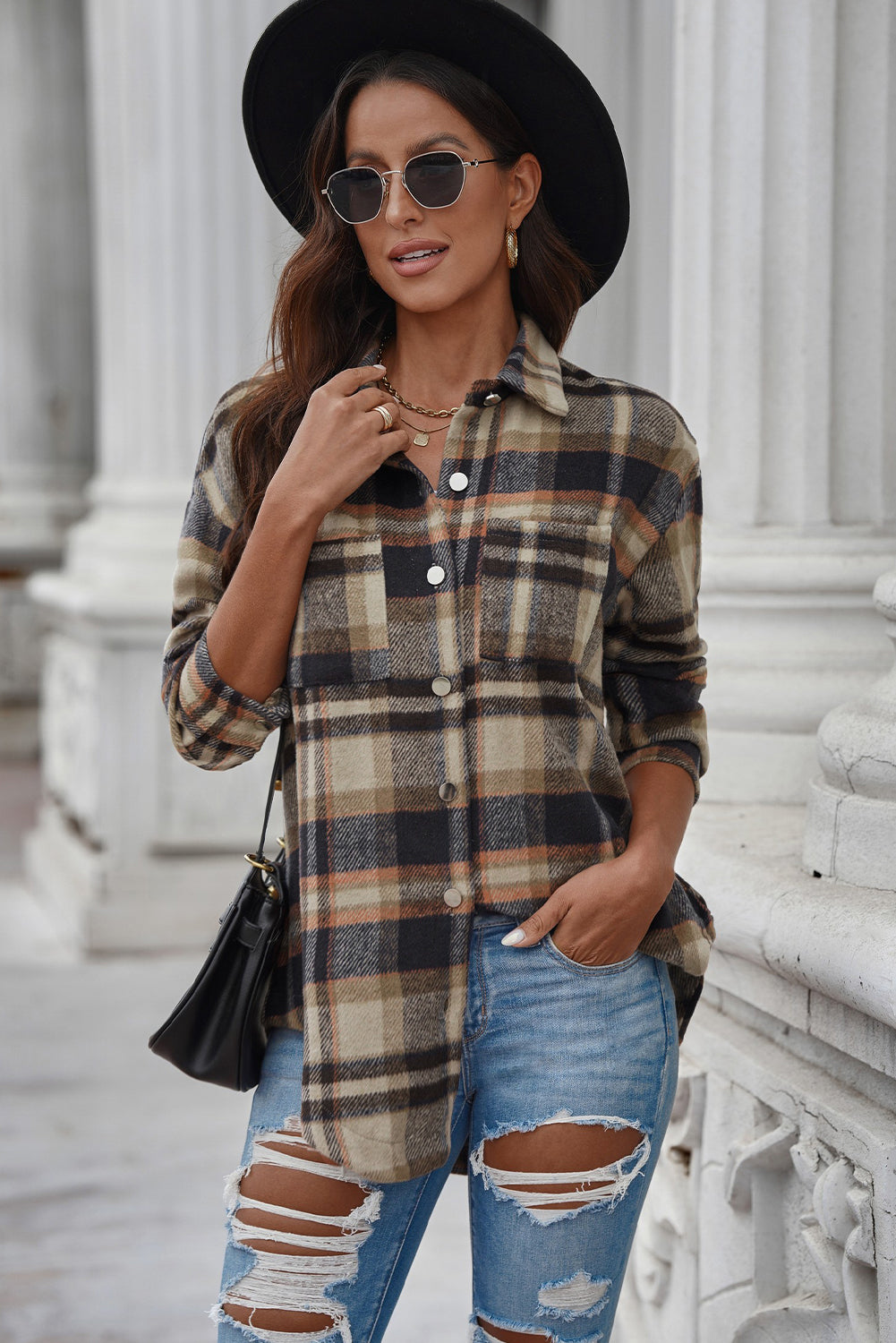 Plaid Curved Hem Dropped Shoulder Shirt Jacket