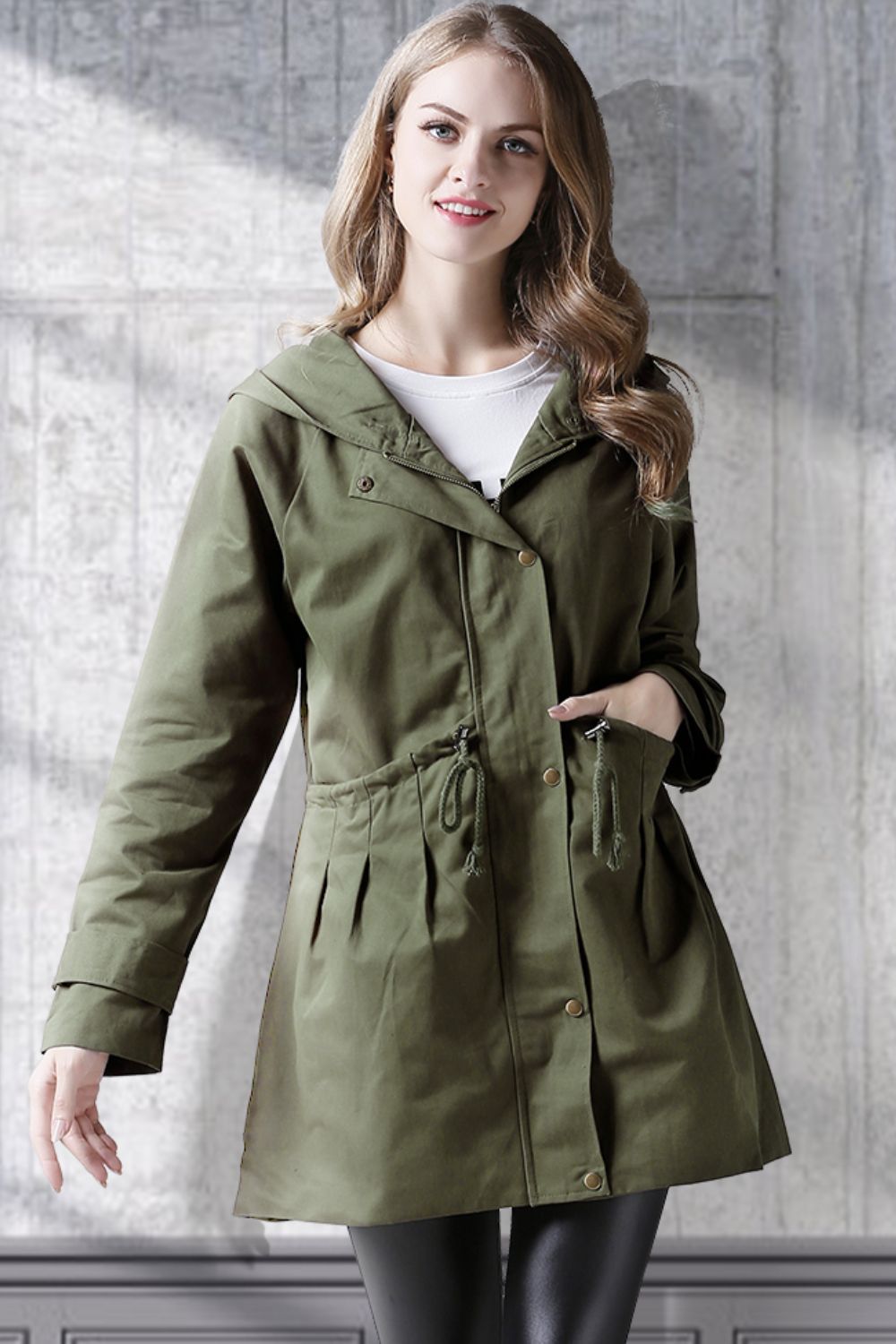 Plus Size Drawstring Waist Hooded Trench Coat