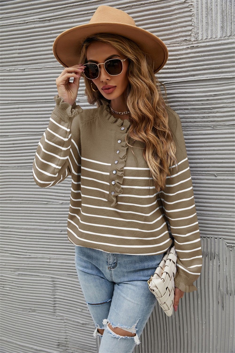 Striped Half-Button Frill Trim Sweater