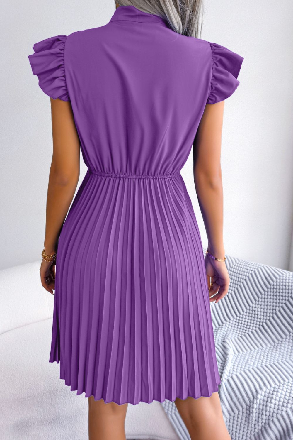 Tie Neck Butterfly Sleeve Pleated Dress