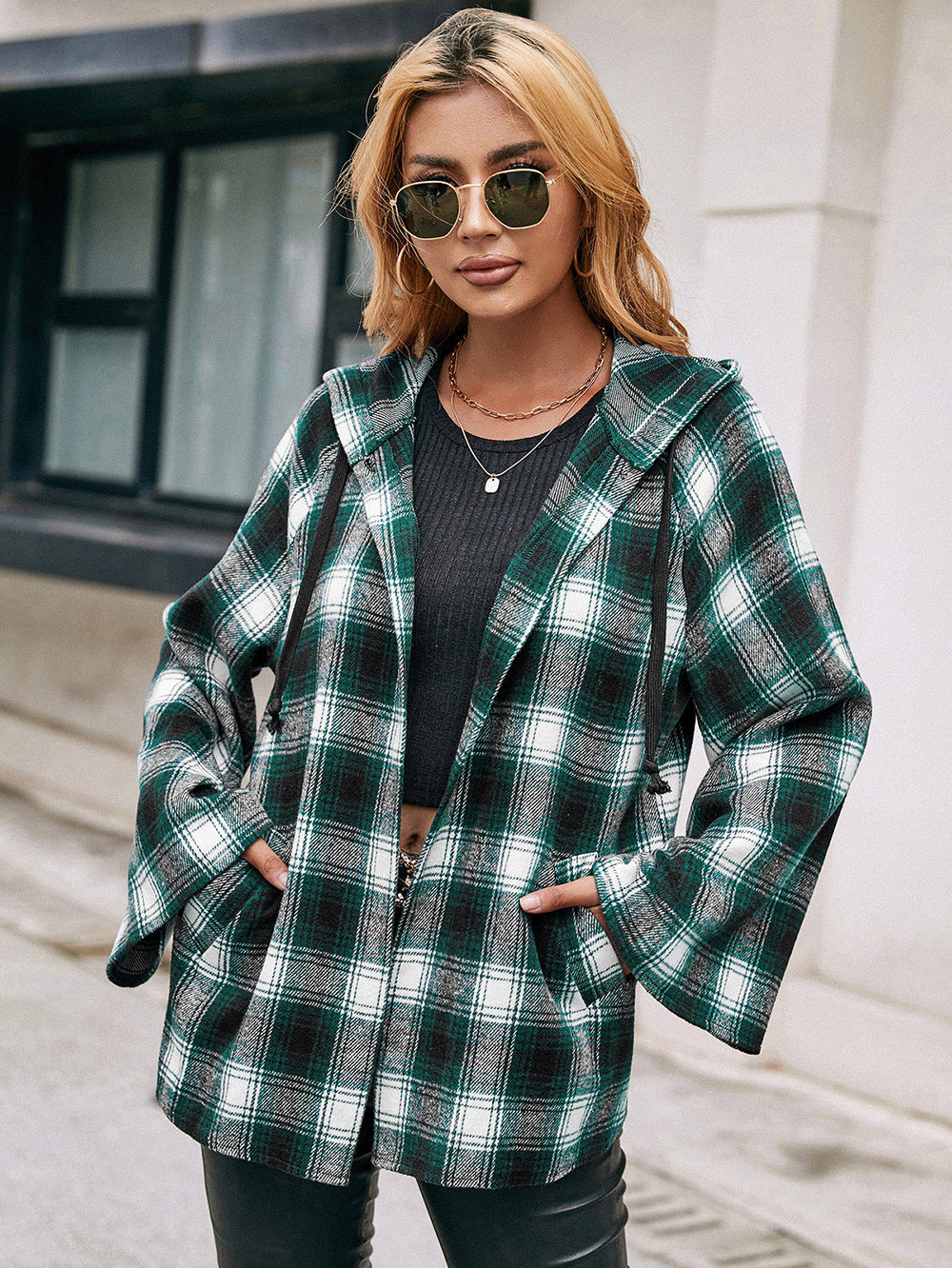 Plaid Drawstring Hooded Jacket