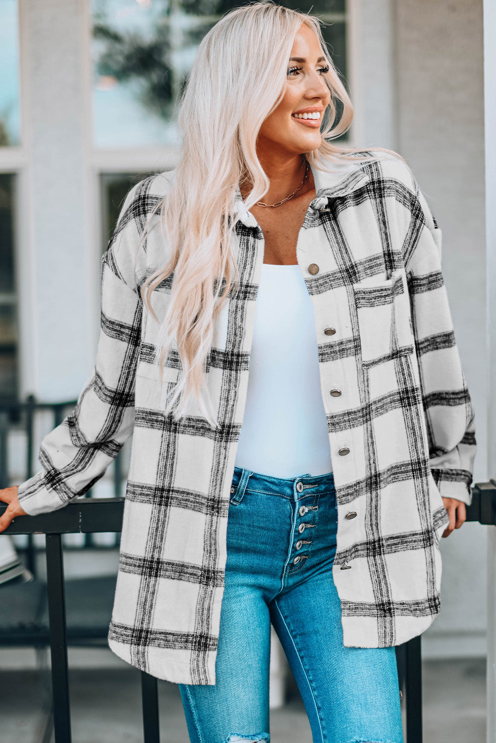 Plaid Curved Hem Dropped Shoulder Shirt Jacket