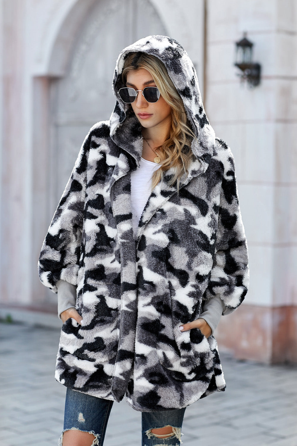 Fleece Hooded Open Front Jacket with Pockets