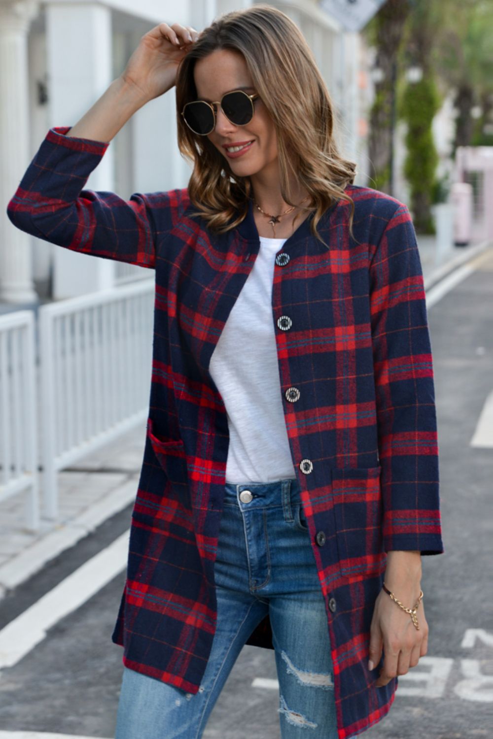 Full Size Plaid Button Down Longline Jacket with Pockets