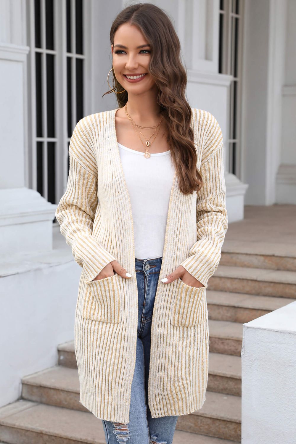 Open Front Dropped Shoulder Pocket Longline Cardigan