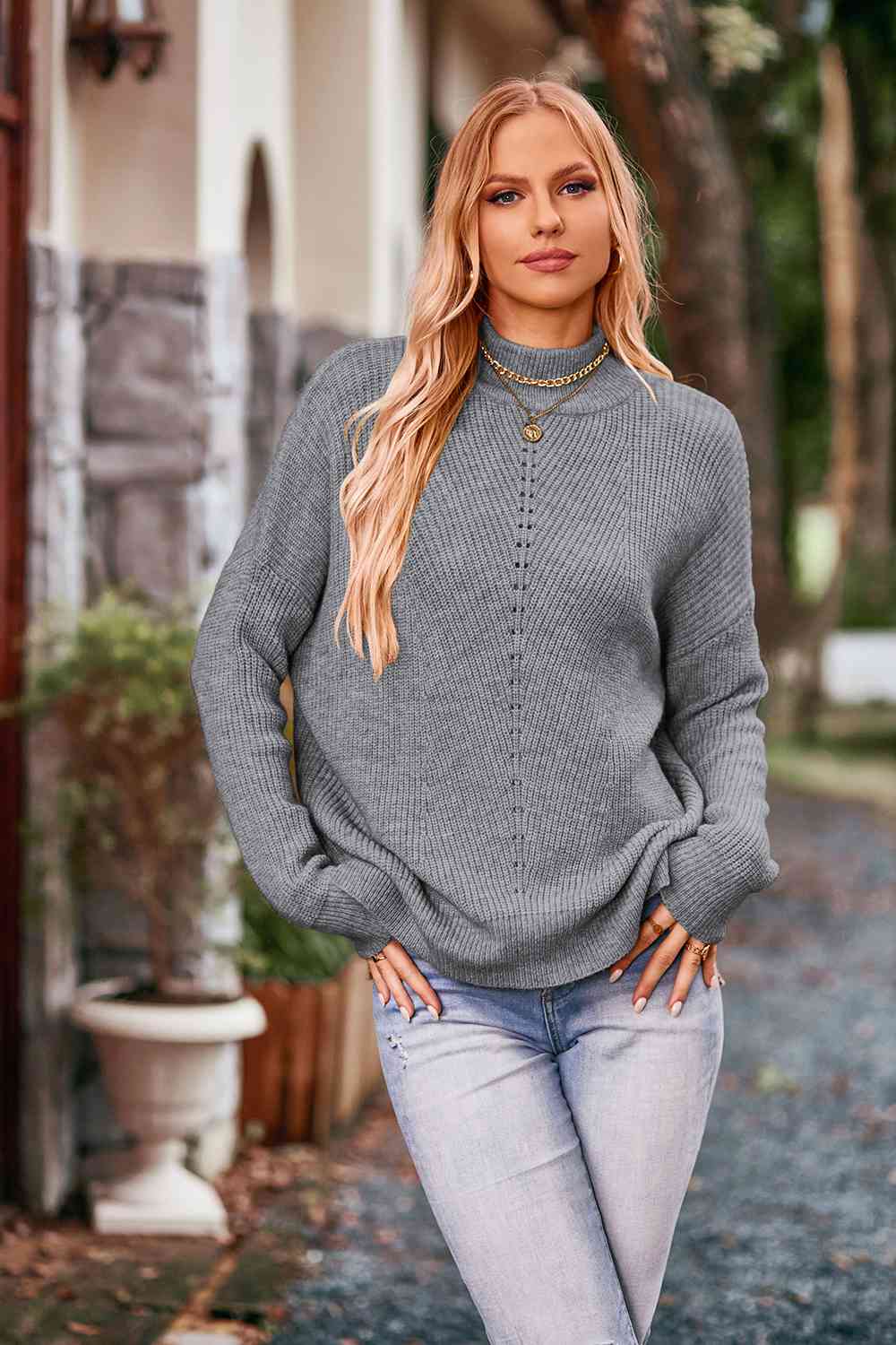 Mock Neck Rib-Knit Sweater