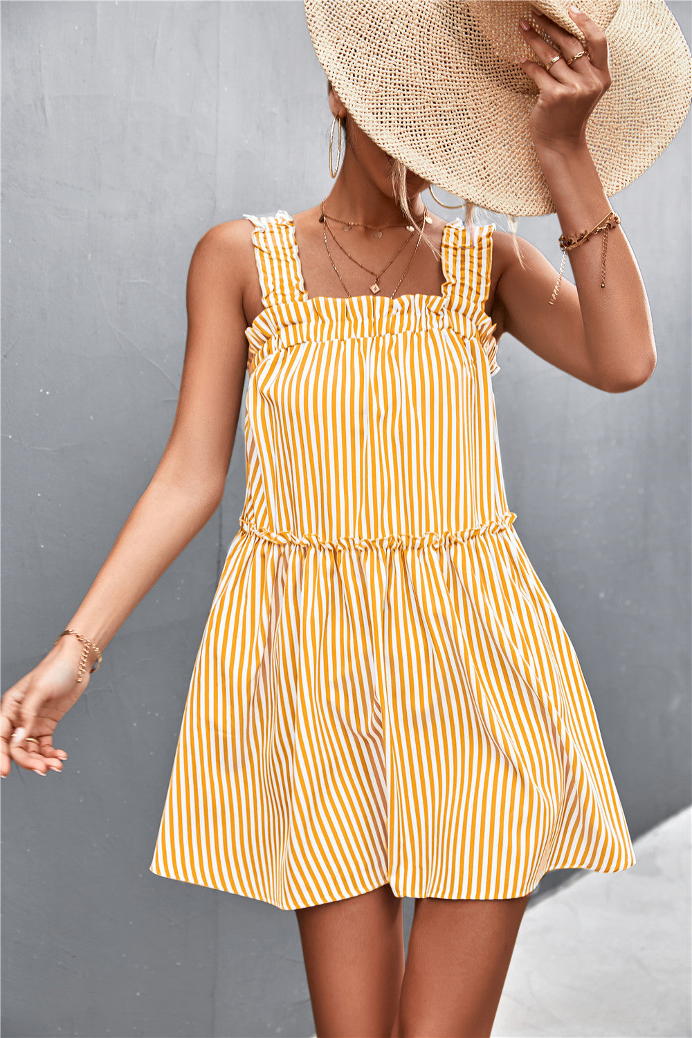 Striped Frill Trim Square Neck Dress