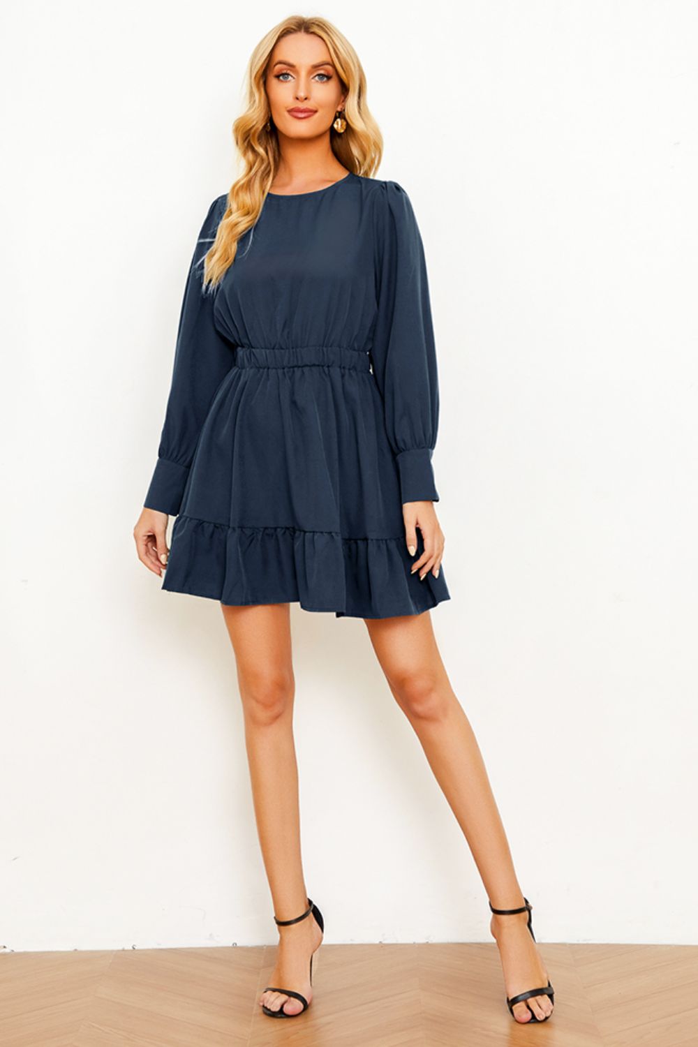 Round Neck Puff Sleeve Ruffle Hem Dress