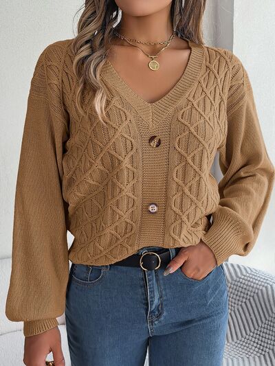 Cable-Knit V-Neck Lantern Sleeve Sweater